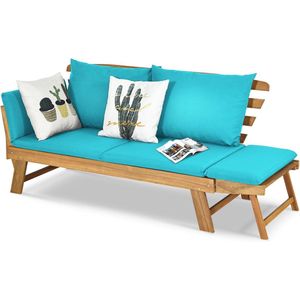 Houten Tuinbank met Ligfunctie – 2-3-Zits, Inklapbare Zijleuningen en Kussen, Blauw