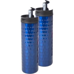Set van 2x stuks blauwe RVS thermosfles/isoleerkan 400 ml - Thermosflessen en isoleerkannen voor warme / koude dranken onderweg