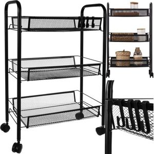 Keukentrolley op Wieltjes - Serveerwagen - Keuken Trolley - Opbergtrolley - Met Haakjes en Bakjes - Verrijdbaar en Vast - 3 Lagen - Zwart