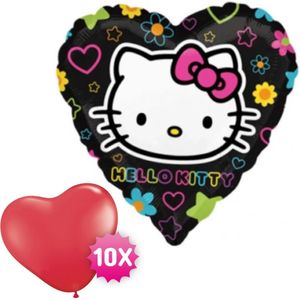 Hello Kitty Hart Ballon 46 cm + 10 Rode Hart Ballonnen 15 cm - Verjaardag Versiering - Folieballon Ongevuld - Ballonnenboog Decoratie Feest - Party Slinger Jongen Meisje - De Smurfen