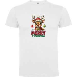Wit T-Shirt met “Kleurrijk Schattig klein rendier met Oorbellen muts en MERRY CHRISTMAS “ Print Full Color maat 152 11/12 jaar
