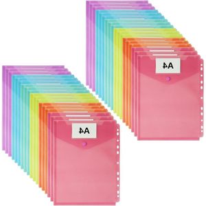 Documentenmap A4 transparant kunststof - 36 stuks - klittenbandsluiting - 6 kleuren - 31 x 24.5 cm - ordnervakken voor school en kantoor
