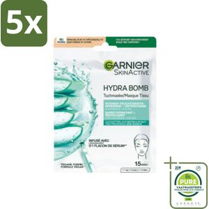 5 x Garnier - SkinActive - Hydrabomb Tissue Masker - Hyaluronzuur & Aloe Vera - Super Hydraterend - 1 Gezichtsmasker - Grootverpakking - Hydraterend Masker - Hyaluronzuur - Aloë Vera - Gezichtsmasker - Droge Huid