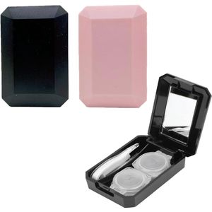 2-delige etui voor contactlenzen, draagbaar, reisset voor gekleurde contactlenzen (60 × 41 × 20 mm) (zwart + roze)