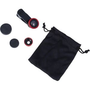 Clip Lens- 3-in-1 Fish Eye 180° Lens / Wide Lens / Macro Lens Universeel Tablet/Smartphone Rood