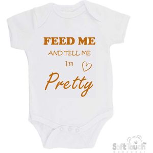 100% katoenen Romper ""Feed me and tell me I'm pretty"" Unisex Katoen Wit/tan Maat 56/62