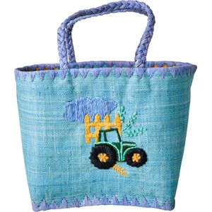 Rice raffia tas, model shopper, in blauw met tractor, medium