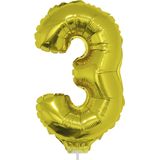 Gouden opblaas cijfer ballon 3 op stokje 41 cm