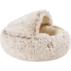 Halfgesloten kattenmand - Zacht pluche hol met afdekbed voor honden en katten - Bruin diameter 40 cm Kattenmand