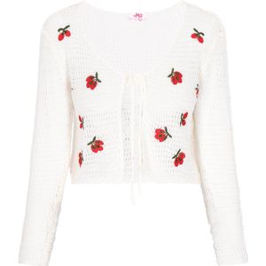 myMo - Comfy Collectie - Vest - Cropped - V-hals - Lange Mouwen - Bloemenborduursel