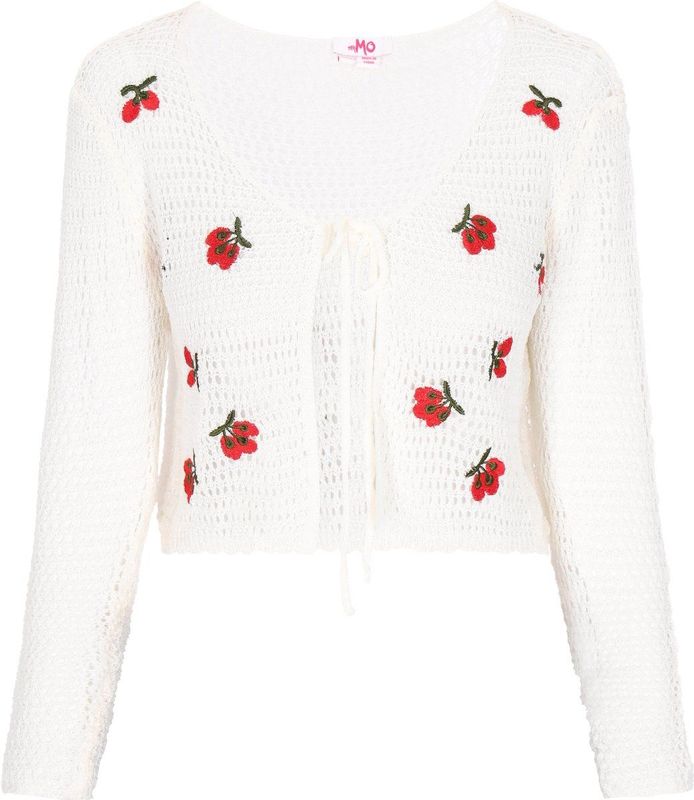 myMo - Comfy Collectie - Vest - Cropped - V-hals - Lange Mouwen - Bloemenborduursel