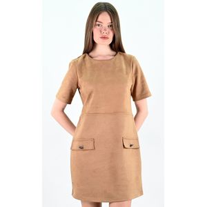 YesMooi - Camel Kleur Faux Suède Jurk met Zakken - S (36)