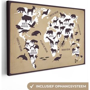 Canvas Wereldkaart - 120x80 - Wanddecoratie Wereldkaart - Dieren - Bruin