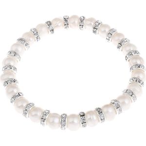 Zoetwater parel armband Bling Pearl - echte parels - wit - zilver - stras steentjes - elastisch