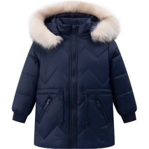 Newness Meisjes Winterjas blauw met capuchon met bontrand maat 98