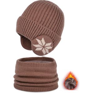 Wintermuts en sjaalset voor kinderen | Warme gebreide wollen muts en sjaal voor kinderen | Elastische verdikte outdoor sportmuts en sjaalset met sneeuwvlokprint | Geschikt voor fietsen, kamperen, skiën | 4-10 jaar oud