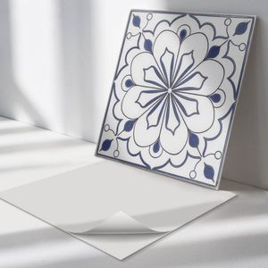 Wallfluent Vinyl Wandpaneel - Bloemenkeramiekpatroon PVC Muurpaneel - 50 cm x 50 cm - Blauw PVC wandpaneel - 4 stuks - Vierkant Wandbekleding Vinyl - Texturen Wandpaneel - Zelfklevende Wandbekleding - Wandpaneel Keuken en Badkamer