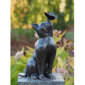 Tuinbeeld - bronzen beeld - Kat met vlinder - Bronzartes - 38 cm hoog