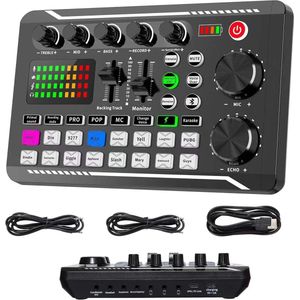 Audiomixer - Live geluidskaart- en audio-interface met DJ-mixer-effecten en stemwisselaar - F988 Bluetooth stereo audiomixer - voor live Youtube streaming, pc, opnamestudio en gaming