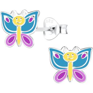 Joy|S - Zilveren vlinder oorbellen - 8 x 7 mm - blauw paars geel