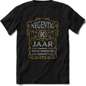 90 Jaar Legendarisch Gerijpt T-Shirt | Geel - Grijs | Grappig Verjaardag en Feest Cadeau Shirt | Dames - Heren - Unisex | Tshirt Kleding Kado | - Zwart - S