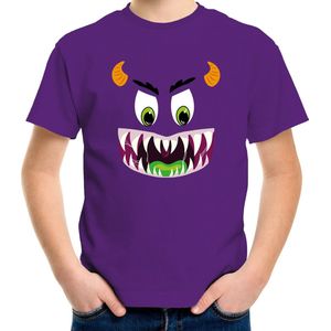 Monster gezicht halloween verkleed t-shirt paars voor kinderen 146/152