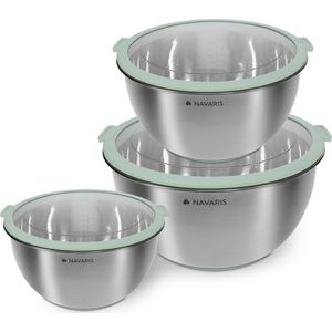 Navaris roestvrijstalen mengkom - Set van 3 kommen met deksel - Antislip keukenschalen - Mintgroen