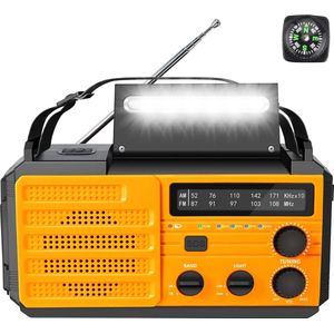 Noodradio - Radio op batterijen - Oplaadbare radio - SOS Alarm - Oplaadbaar via Batterij, Zon, USB en Opwinden - Powerbank - Zaklamp - AM/FM - Zakradio - USB C kabel - Emergency radio - Survival radio