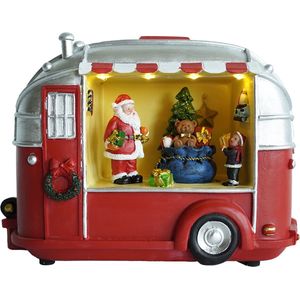 Kristmar caravan kerstdecoratie – Decoratie voor kerstdorp – Caravan met kerstman en kerstboom – Kerstdecoratie met LED-verlichting – L23.5xB10xH16 cm – Zilver/Rood