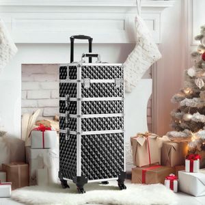 4-in-1 cosmeticakoffer, trolley, make-upkoffer, grote make-upkoffer, afsluitbaar, multikoffer, kapperskoffer, beautycase met wielen en lade, zwart, glitter HMTM-BC-30023