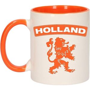 1x Holland oranje leeuw beker / mok - oranje met wit - 300 ml keramiek - oranje bekers