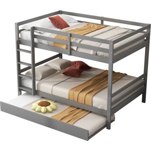 Merax Stapelbed 140x200 cm voor 3 Personen met Trap en Uitvalbeveiliging – Kinderbed met Extra Uitschuifbaar Bed 90x190 cm – Massief Hout en MDF – Grijs