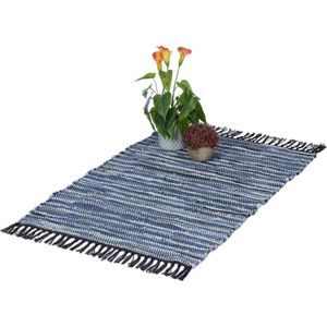 Relaxdays vloerkleed - leder en katoen - binnenkleed - 60 x 100 cm - chill mat - tapijt - blauw