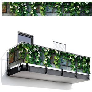 Balkonscherm 500x80 cm - Balkonposter Klimop - Groen - Stenen - Wit - Grijs - Balkon scherm decoratie - Balkonschermen - Balkondoek zonnescherm
