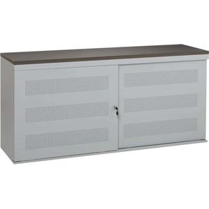 Schuifdeurkast met geperforeerde deuren breed 160CM diep 45CM hoogte 72,5CM bladkleur Kersen framekleur Aluminium (RAL9006)