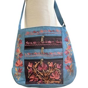 N3 Collecties Suede Geborduurde Handgemaakt Crossbody tas met Rits - Blauw