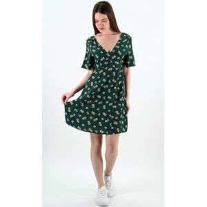 YesMooi - Mini Jurk met Bloemenprint - V-hals en Open Rug - S (36) - Donkergroen | Wit | Lichtroze | Geel