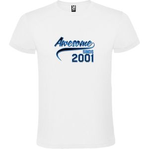 Wit T shirt met  Blauwe print  ""Awesome 2001 “  size XS