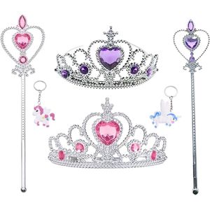 Het Betere Merk - Prinsessen Speelgoed - Prinses accessoireset - 2 x Kroon (Tiara) - 2 x Toverstaf - Unicorn Hanger - Voor bij je Verkleedkleding - Roze - Paars