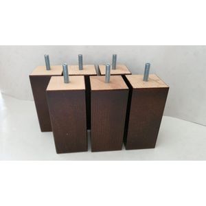 Set van 6 stuks houten Boxspring Bedden Meubelpoten Wengé (donker bruin) Beuken 13 cm hoogte 7x7 cm met M8 draadeinde