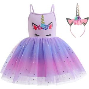 Joya Kids® Paarse Eenhoorn Zomer Verkleed Jurk | Unicorn Jurk kostuum | Prinsessen jurk verkleedjurk + Haarband | Jurk spaghettibandjes | Maat 130 | cadeau meisje