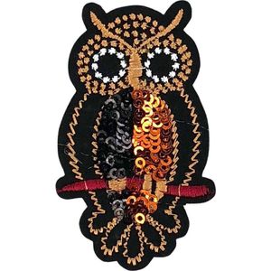 Uil Paillette Strijk Embleem Patch 4.4 cm / 7.2 cm / Zwart Oranje Bruin
