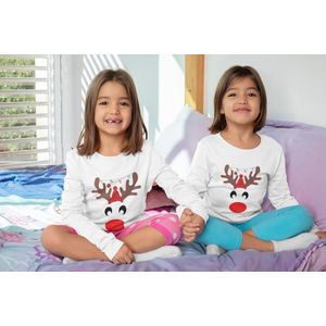 Kids (unisex) Rudolph Reindeer T-shirt / Foute Kerstkleding / Ugly Christmas | Familie Bijpassende Glitter Outfit | Wit | Maat 134/140
