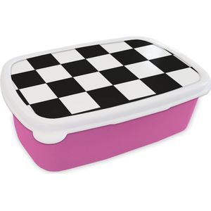 Broodtrommel Roze - Lunchbox - Brooddoos - Schaakbord - Patronen - Zwart Wit - 18x12x6 cm - Kinderen - Meisje