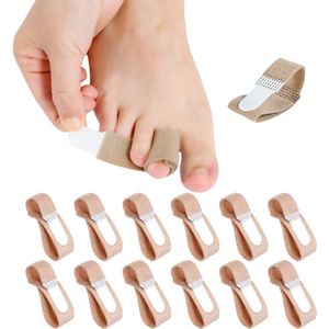 12 stuks - Stoffen hamerteen orthese - elastische teenband - vingerseparator - dag- en nachtverband - overlappende teenbescherming - herbruikbare stoffen bandage - hamerteen orthese - small - beige