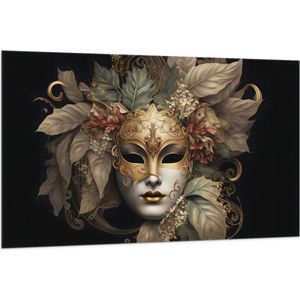 Vlag - Venetiaanse carnavals Masker met Gouden en Beige Details tegen Zwarte Achtergrond - 150x100 cm Foto op Polyester Vlag