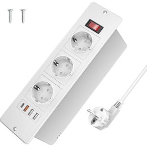 Inbouwstopcontact 3-voudige tafelstopcontact met USB-C PD 20 W en schakelaar - bureau meervoudig stopcontact - 2 m kabel - voor thuis kantoor - wit
