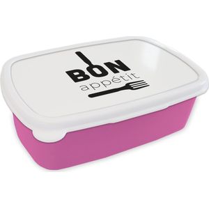 Broodtrommel Roze - Lunchbox - Brooddoos - Quotes - Bestek - Bon appetit - 18x12x6 cm - Kinderen - Meisje