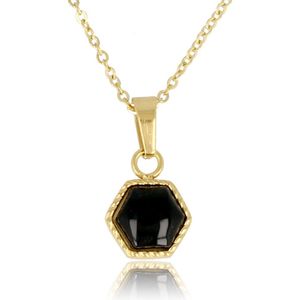My Bendel Ketting goudkleurig met zeshoek Onyx edelsteen - Ketting goudkleurig met Onyx zeshoek hanger - Met luxe cadeauverpakking