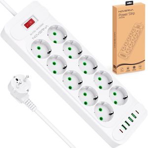 Noverna Stekkerdoos met Schakelaar - 16-voudig - Stekkerdoos met USB - 2 meter - Overspanningsbeveiliging - Wit
